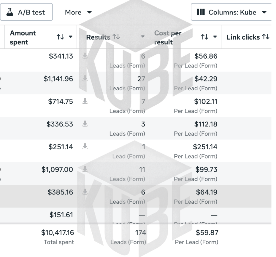Lead-gen client · Meta Ads — 174 form leads at $59.87