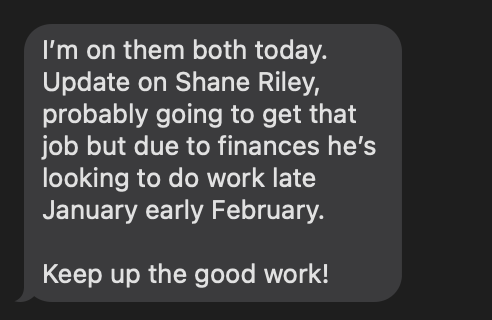 Client text: Job likely — work scheduled Jan/Feb