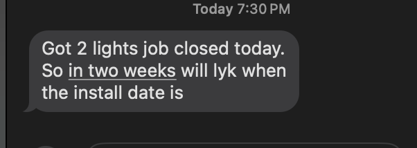 Client text: Two lighting jobs closed today